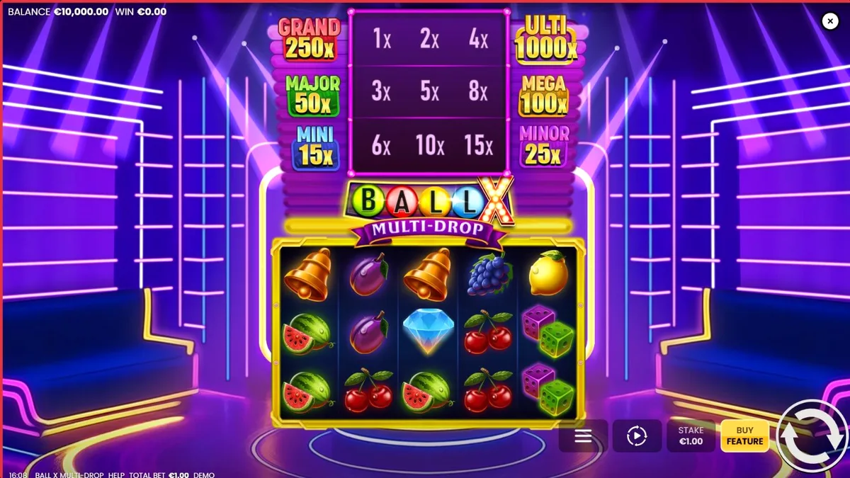 Tampilan visual neon dari slot Ball X Multi-Drop dengan simbol buah dan jackpot